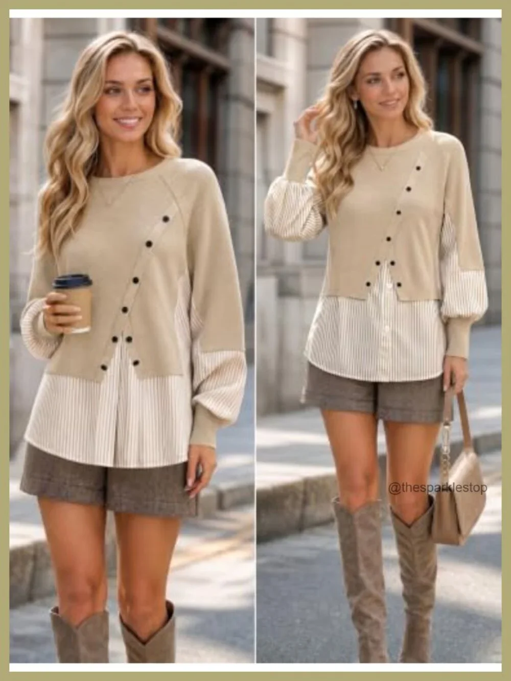Women's Knit Tops Faux Layered Patchwork Long Sleeve Crew Neck Pullover Fall